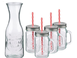 KOMPLET STEKLENIH KOZARCEV ZA PIJAČO S SLAMICO IN STEKLENICO, 5 KOS/420 ML+ 1L